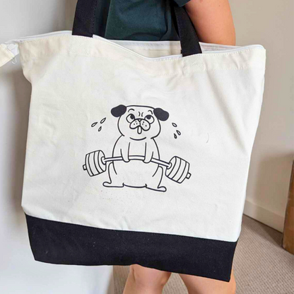 Pug Dog Bag - Large Zip Cotton Tote Bag